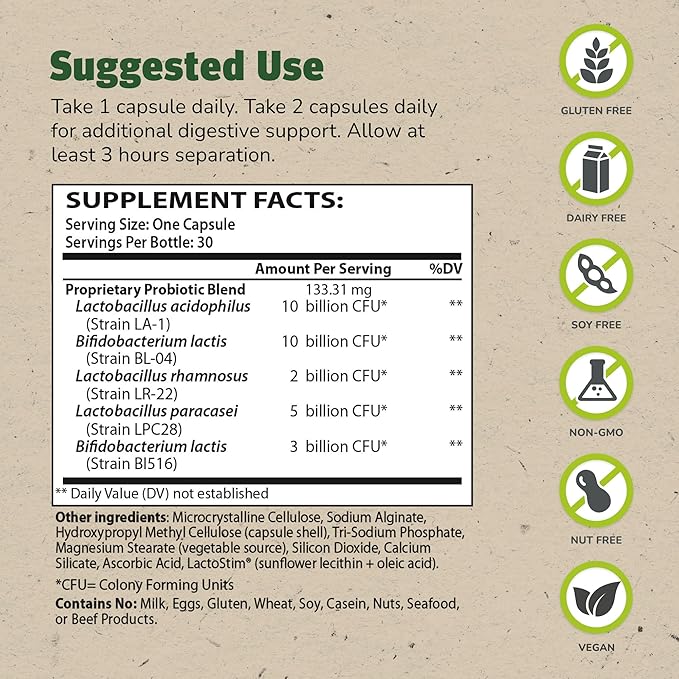 Master Supplements Theralac - 30 Capsules - Multi-Strain Probiotic for Optimal Gut Health + Gas &amp Bloating Relief - Gluten Free - 30 Servings