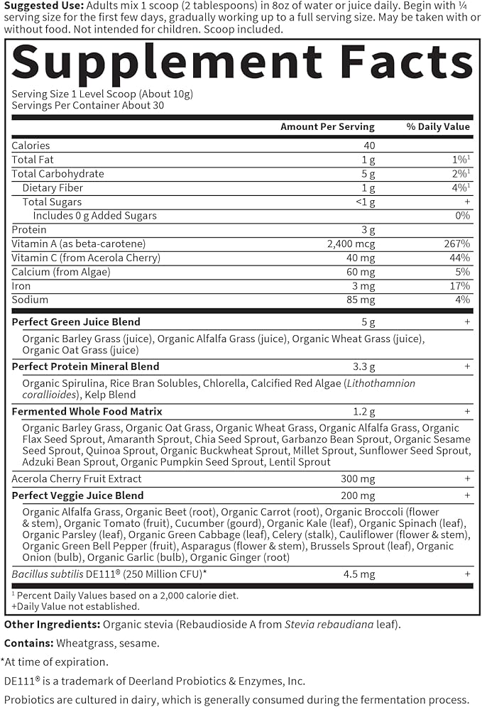 Garden of Life Perfect Food Super Green Formula - 30 Servings 45 Superfoods Greens Fruit and Veggie Juice Superfood Powder Supplement Probiotics Organic Spirulina for Digestion and Immune Health