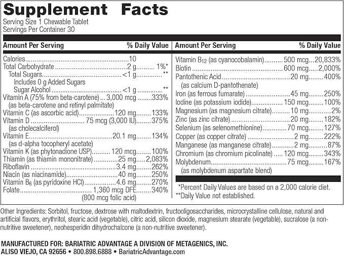Bariatric Advantage Chewable Ultra Solo with Iron - Citrus 30 Count and Calcium Citrate Chewy Bites 500 mg - Assorted Fruit Flavor90 Count
