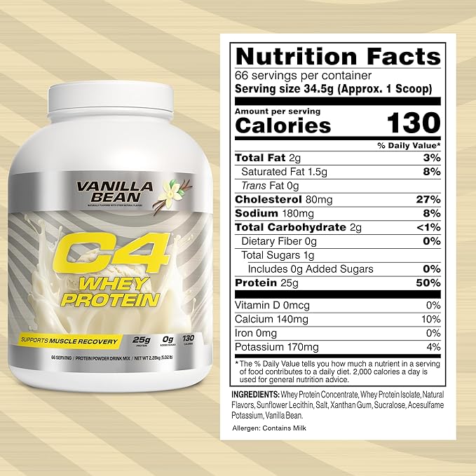 Cellucor C4 Whey Protein Powder Vanilla Bean - 25g Protein 0g Added Sugar 130 Calories Per Serving Supports Muscle Recovery 66 Servings Premium Whey for Post-Workout