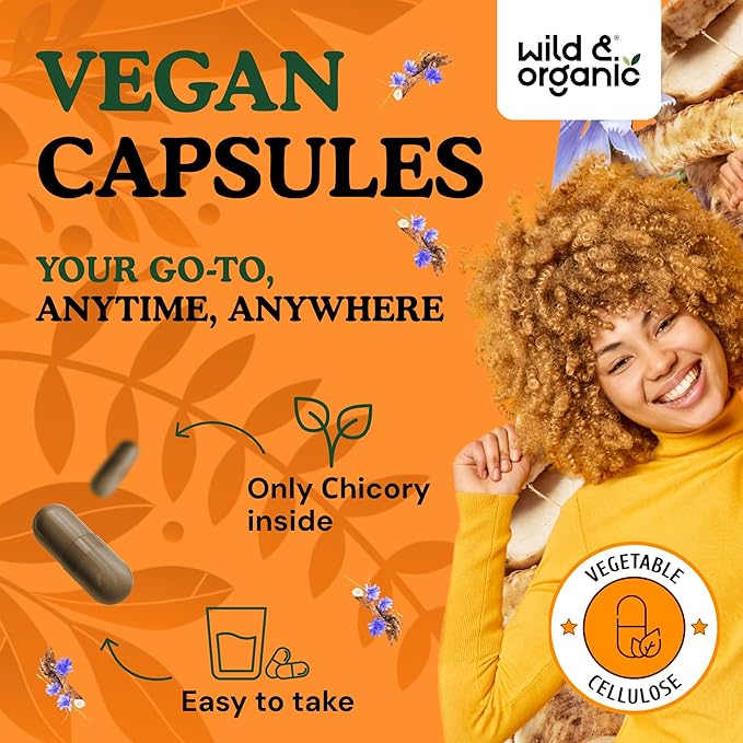Wild &amp Organic Chicory Root Capsules - 1200 mg of Chicory Root Powder per Serving - Digestive &amp Gut Support - Prebiotic Inulin Supplement - Non-GMO Vegan Inulin Capsules - 60 Count