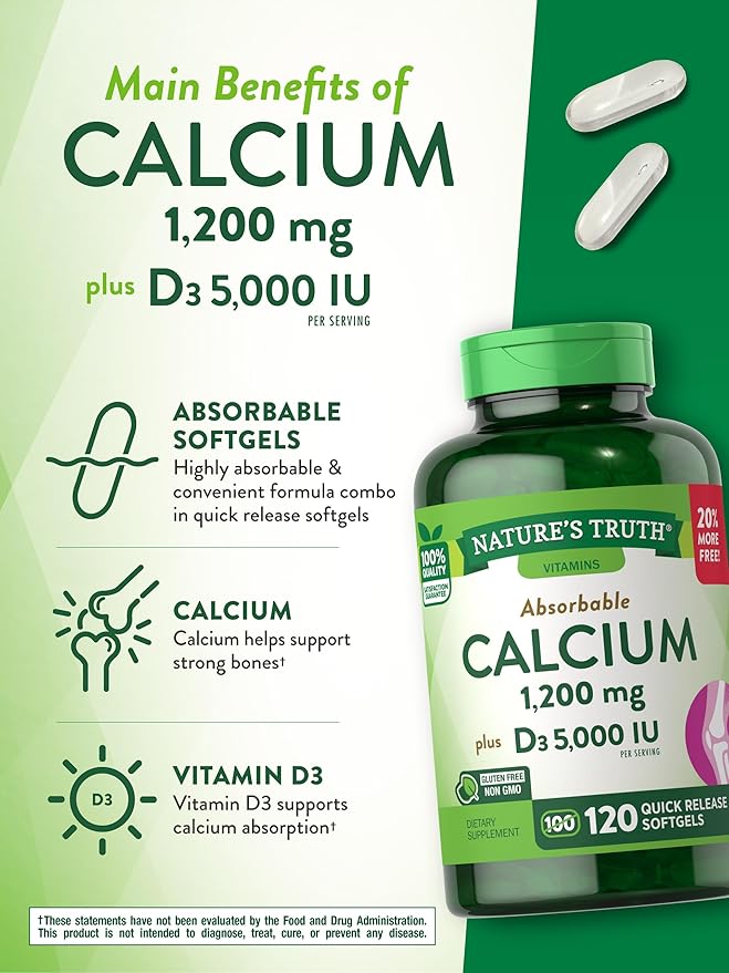 Nature's Truth Calcium 1200 mg Plus Vitamin D3 5000 IU Supplements 120 Count (Pack of 3)