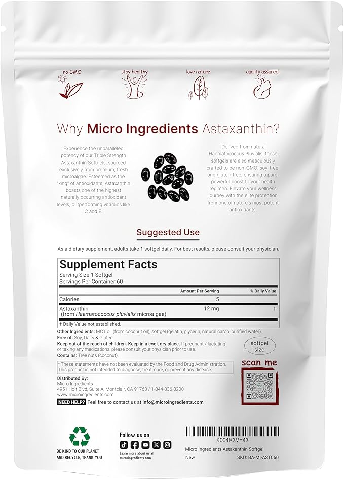 Micro Ingredients Astaxanthin 12mg with MCT Oil 60 Softgels | Fresh Microalgae Source | Triple Strength Easy to Swallow Non-GMO Gluten Free Soy Free