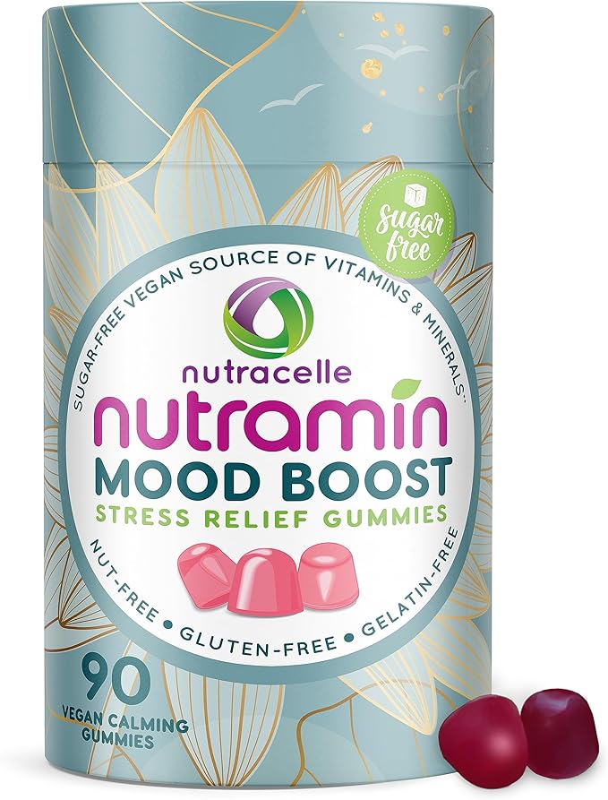 NUTRAMIN Mood Boost Multivitamin Gummy - Delicious &amp Yummy Anti-Stress Magnesium Ashwagandha Gummies + B Complex Vitamins for Focus and Calm - Sugar-Free Vegan Gluten-Free Allergy-Safe (90 Coun