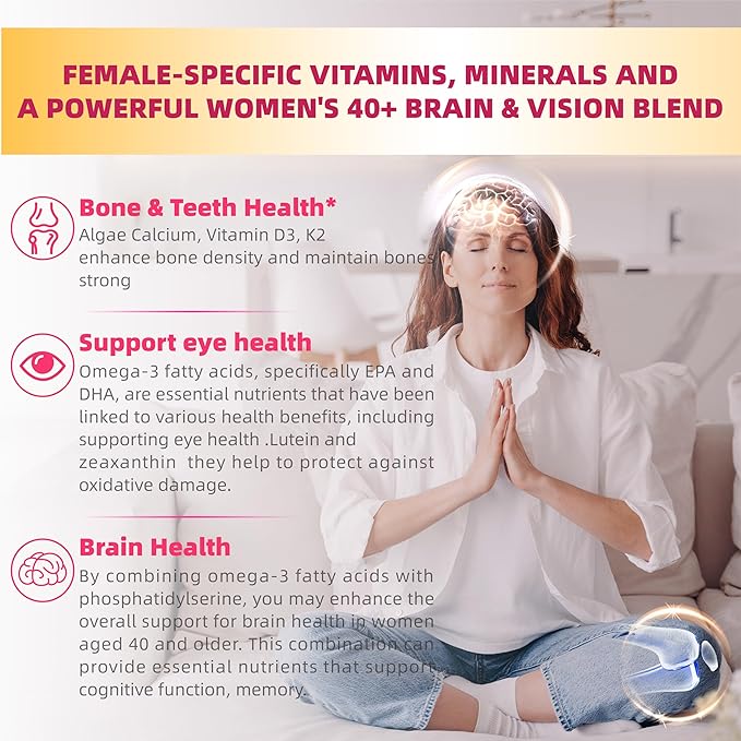 Multivitamin for Women Gummies for 40+ with Omega-3 Niacinamide B-Complex Lutein Iron Choline Phosphatidylserine Vitamin D3 - Vegan Sugar Free 60Count