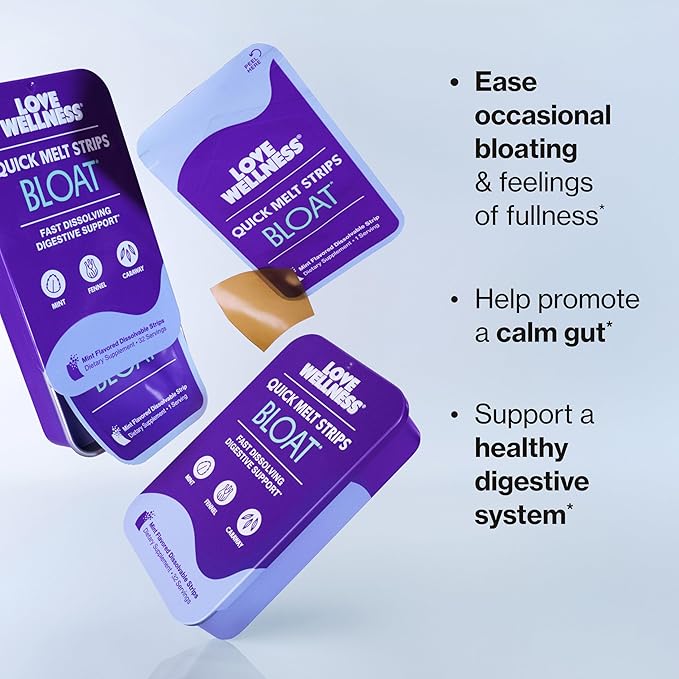 Love Wellness Bloat* Quick Melt Strips - Fast-Dissolving Digestive Support with Mint Fennel and Caraway - Helps Ease Occasional Bloating* - No Water Needed - Vegan and Sugar Free - 32 Strips