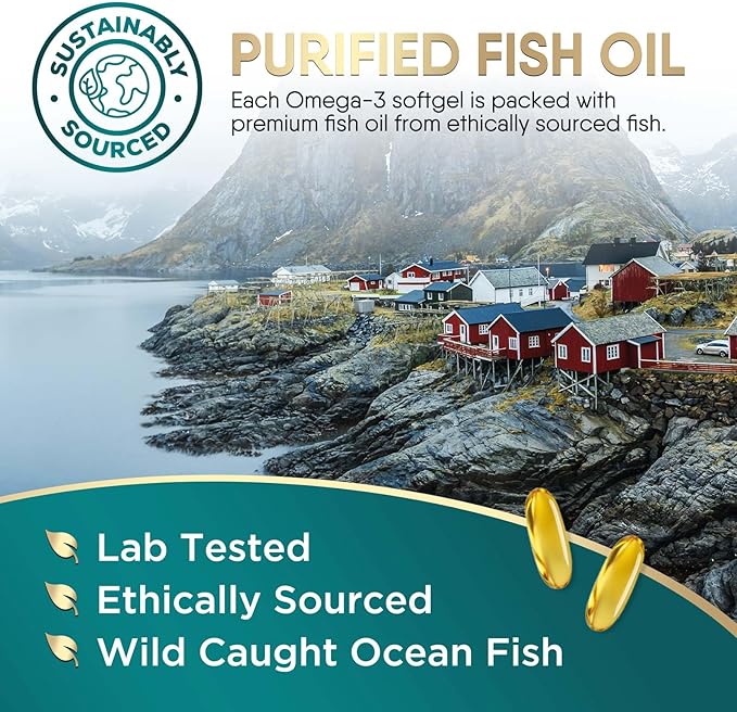 Omega 3 Fish Oil Supplements - 2400mg Fish Oil Per Serving - Triple Strength Omega-3 with Fatty Acids EPA &amp DHA - Natural Heart Brain &amp Immune Support - Wild Caught Bottled in USA - 180 Soft