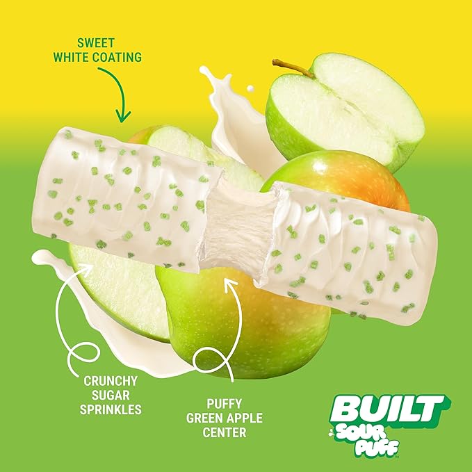 BUILT Bar Sour Puff Protein Bars - Green Apple Crush - 16g Protein Snack Bars with Collagen - Calorie Conscious &amp Gluten Free - 12 Count