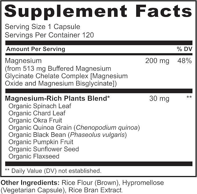 NATURELO Magnesium Glycinate Chelate Complex - 200 mg Magnesium with Organic Vegetables to Support Sleep Calm Muscle Cramp &amp Stress Relief - Gluten Free Non GMO - 120 Capsules