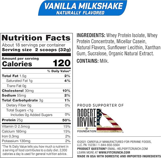 Fit Crunch Tri-Blend Whey Protein Keto Friendly Low Calories High Protein Gluten Free Soy Free (18 Servings Vanilla Milkshake)