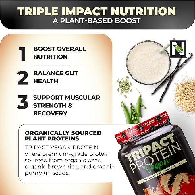 Nutrology TRIPACT Vegan Protein Powder - Organic Pea Rice &amp Pumpkin Blend Meal Replacement Shake with BCAAs &amp Glutamine for Muscle Recovery &amp Immunity Peanut Butter &amp Vanilla Flavor