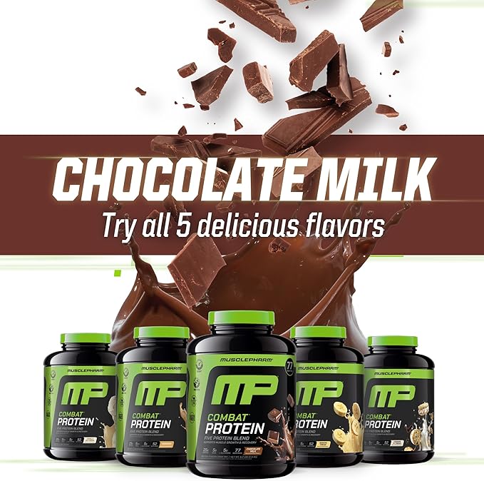 MusclePharm Combat Protein Powder Chocolate Milk Flavor Fuels Muscles for Productive Workouts 5 Protein Sources Including Whey Protein Isolate &amp Egg Albumin Gluten Free 6.2 lb 77 Servings