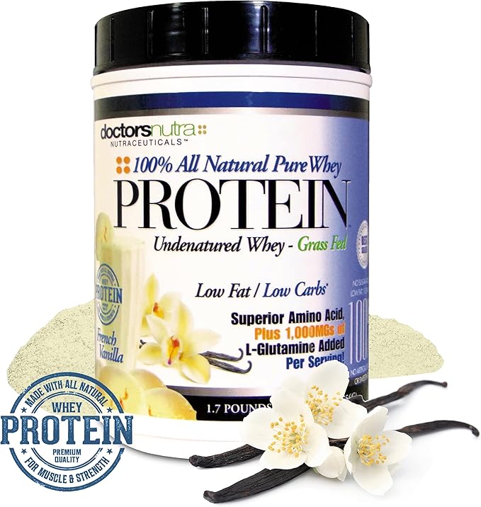 Pure 100 Percent - Undenatured Grass Fed Whey Protein by Doctors Nutra Low Carb Low Fat Rich Vanilla Flavor Nothing Artificial - Ultrafiltered Plus 1000 Milligrams L-Glutamine