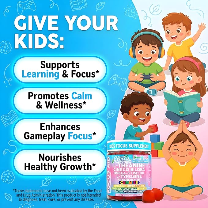 Clean Nutra Kids Focus Gummies with L-Theanine Ginkgo Biloba Omega-3 Fish Oil L-Tyrosine Vitamin B6 B12 – 60 Count Clean Label Non-GMO Vegan-Friendly SmartyPop Formula for Kids Support