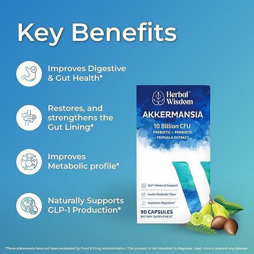Akkermansia Probiotic 10 Billion CFU - Advanced GLP-1 Support Probiotic+Prebiotic | for Gut &amp Metabolism Support - No Bloating | with Inulin &amp Triphala | (90 Capsules - 3 Month Supply)