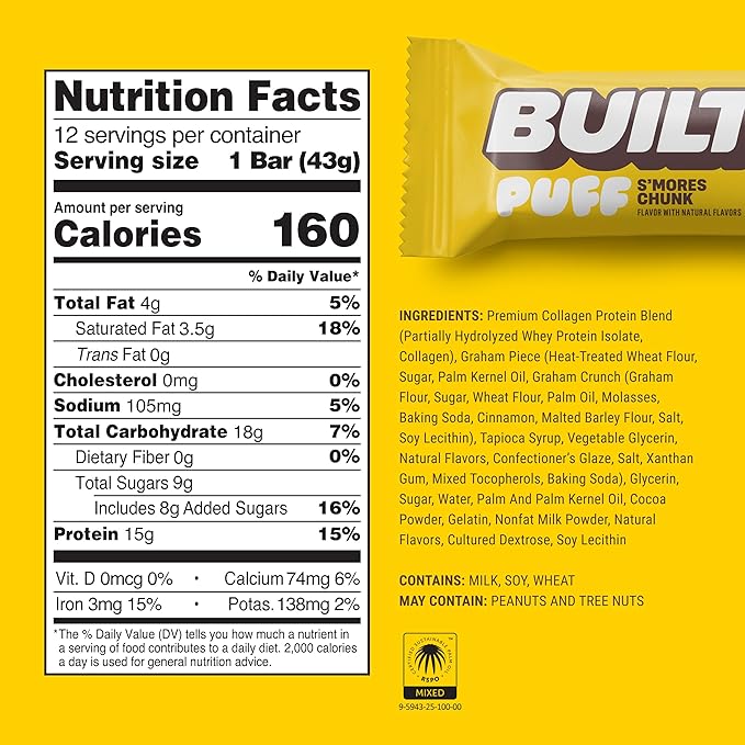 BUILT Bar Puff Protein Bars - S'mores - 15g Protein Snack Bars with Collagen - Calorie Conscious No Gluten Free - 12 Count
