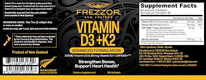 FREZZOR Vitamin D3 and K2 Caps High Potency D3 2000IU and K2 (MK7) 80mcg Unique VIT D3 from 100% New Zealand Sheep's Wool Lanolin Cardiovascular Support &amp Bone Health 360 Softgels 6 Month Suppl