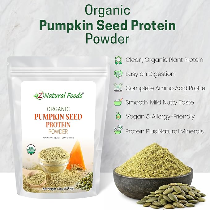 Z Natural Foods Organic Pumpkin Seed Protein Powder - Nutrient-Dense Fiber Supplement Vegan Pumpkin Protein Powder for Hair Skin Nails Muscle Health - Ideal for Smoothies Shake Baking Recipes 5 lbs