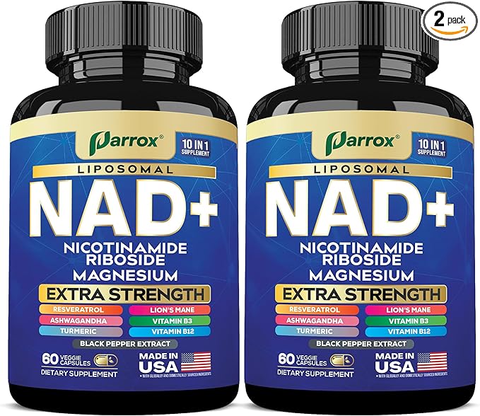NAD+ Supplement with Liposomal NAD+ Nicotinamide Riboside Magnesium Vitamin B3 &amp B12 Resveratrol Turmeric Ashwagandha Lion’s Mane10-in-1 Extra Strength (2 Pack)
