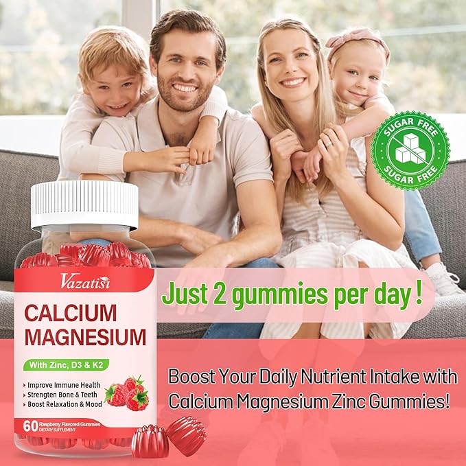 Calcium Magnesium Zinc Gummies with Vitamin D3 &amp K2 High Absorption Magnesium Glycinate Potassium for Immune and Calm Mood Raspberry Flavor 120 Gummies