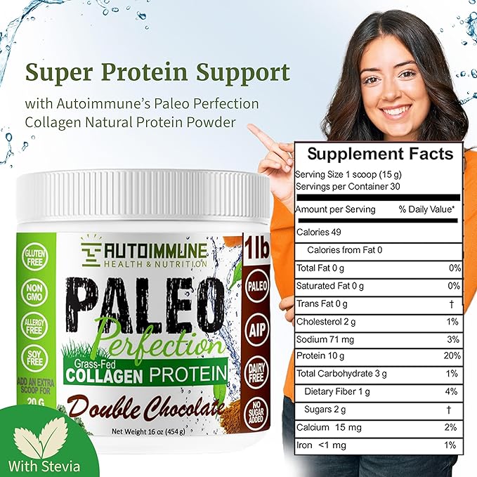Paleo Perfection Double Chocolate Grass Fed Beef Collagen Protein Powder with Stevia - Paleo Keto SCD AIP Protein Powder with Apple Fiber Carrot &amp Broccoli - 1lb Protein Powder &amp Superfood