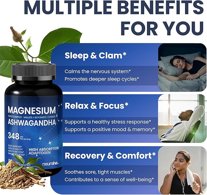 Magnesium Ashwagandha Complex | High-Absorption Multi Magnesium for Stress Sleep Muscle &amp Heart Health | Vegan Non-GMO Gluten-Free Made in USA 90 Capsules