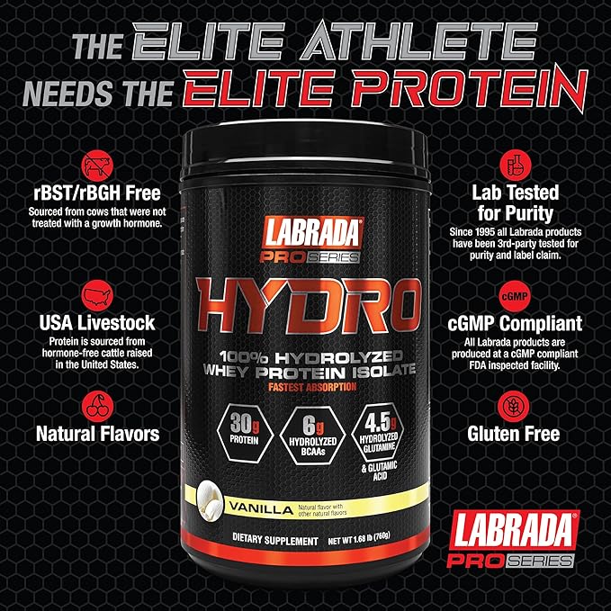 LABRADA Hydro 100% Pure Hydrolyzed Whey Protein Isolate Powder Lactose Free 6g BCAA’s 4.5g Glutamine Fastest Digesting Whey Available Instant Mixing Delicious Taste 20 Servings (Vanilla)