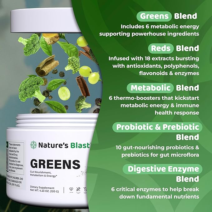 Greens Superfood Powder - 46 Superfoods Probiotics &amp Enzymes for Gut Health Metabolism &amp Energy - Vegan Green Powder Blend 1 Bottle - 30 Servings