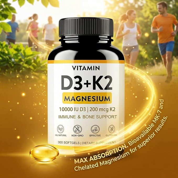 Vitamin D3 K2 Magnesium - Vitamin D3 10000 iu &amp K2（MK-7） 200 mcg+Magnesium Glycinate Supplement - Immune &amp Mood Support for Bone Sugar-Free Softgels 300 Softgels