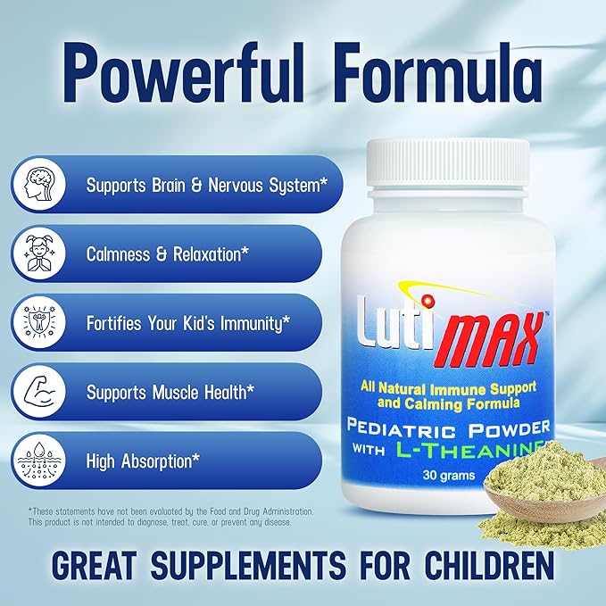 Lutimax Pediatric Powder Brain Supplement with Luteolin Rutin &amp LTheanine - Kids Memory Focus Muscle &amp Immune Support Brain Supplement - Nootropic Antioxidants for Brain Health Support 100