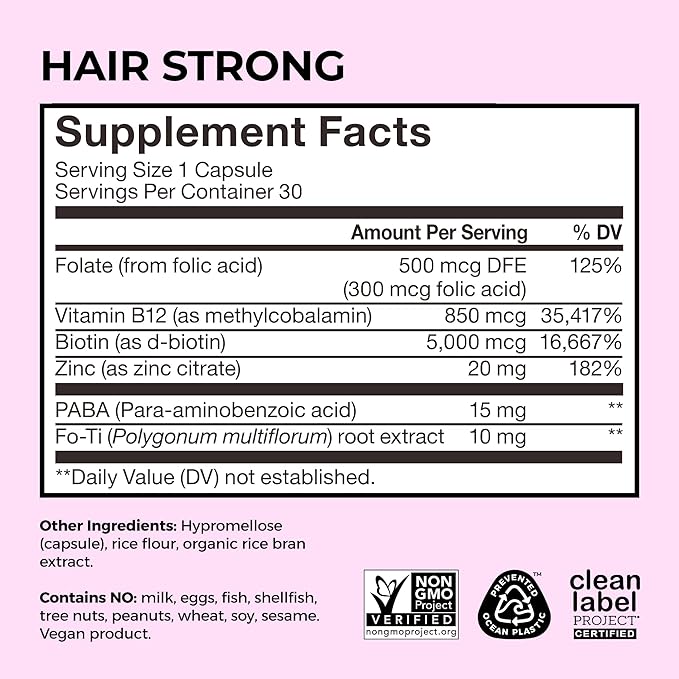HUM Hair Strong Daily Hair Growth Supplement with Biotin Zinc Vitamin B12 to Support Growth Folic Acid &amp Vitamin B12 Vitamins for Healthy Hair Support for Women and Men 30 Vegan Capsules