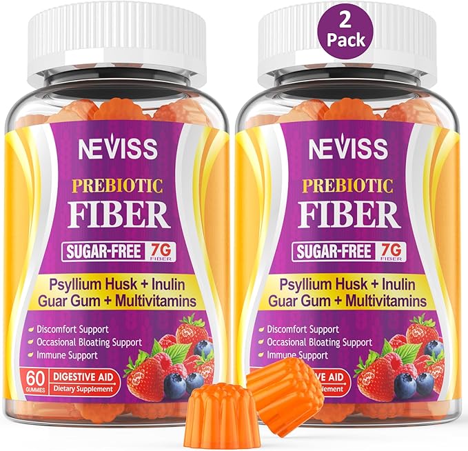 NEVISS Psyllium Husk Prebiotic Fiber Gummies - 7G Fiber with 2000mg Prebiotic Fiber Blend &amp Multivitamins - Inulin Fos Guar Gum &amp Multi Digestive Enzymes Vitamin Gummies Chewable