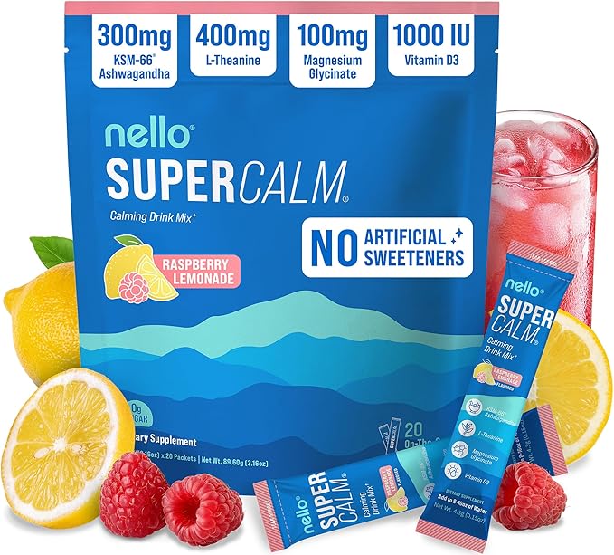 Nello Supercalm Powdered Drink Mix Cortisol Reducer and Sleep Aid Supplement L Theanine Ksm-66 Ashwagandha Magnesium Glycinate Vitamin D 3 No Sugar Non GMO On The Go 20 Ct Raspberry Lemonade