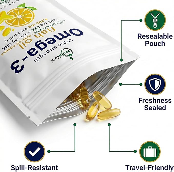 Triple Strength Omega-3 Fish Oil – 4200 mg Per Serving with 1300 mg EPA + 850 mg DHA – Lemon Flavor Burpless Formula – Wild-Caught Non-GMO Gluten-Free – 300 Softgels