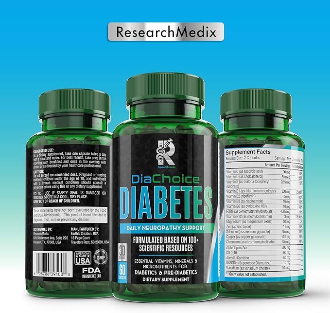 DiaChoice Neuropathy Support with Alpha Lipoic Acid 600 mg to Fortify Nerve Health &amp Support Healthy Nerve Function ALA Co Q10 Magnesium Zinc Vitamins B12 B9 B6 B3 B2 B1 D C E &amp