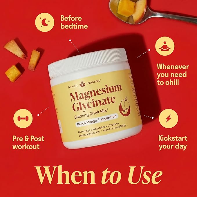 Magnesium Glycinate Powder + L-Theanine | 60 Servings | 300 mg per Scoop High Absorption Chelated Magnesium Powder for Sleep - Peach Mango Flavor No Sugar Support Restful Sleep &amp Relaxation