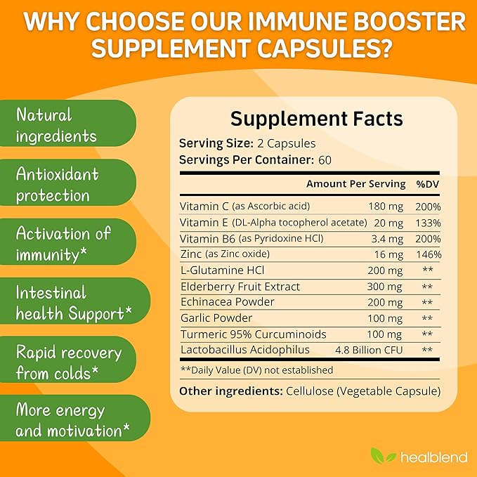 healblend 10 in 1 Immune Support Supplement Booster with Elderberry Zinc Echinacea Turmeric Lactobacillus Acidophilus for Adults [120 Capsules]