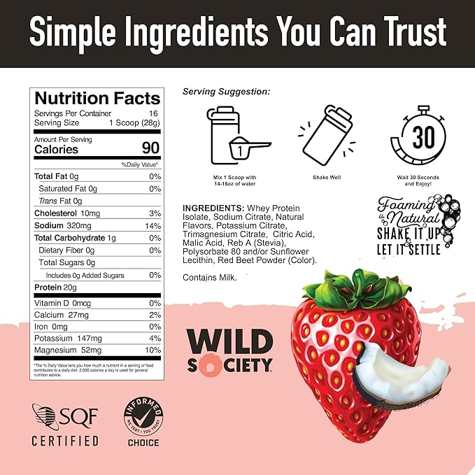 WILD SOCIETY - Clear Protein Powder + Electrolytes - 20g Clear Whey Protein Isolate Drink - Zero Sugar - 0g Lactose - Natural Flavors &amp Colors - Muscle Post Workout Recovery - Strawberry Coconut