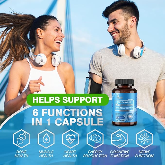 ASSR Triple Magnesium Complex – 300mg Magnesium Supplement with Glycinate Malate &amp Citrate – Supports Relaxation Muscle &amp Nerve Function – High Absorption Vegan Non-GMO 120 Capsules