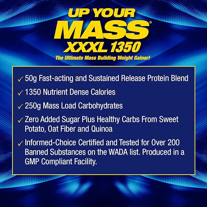MHP UYM XXXL 1350 Mass Building Weight Gainer Muscle Mass Gains w/50g Protein High Calorie 11g BCAAs Leucine Milk Chocolate 8 Servings