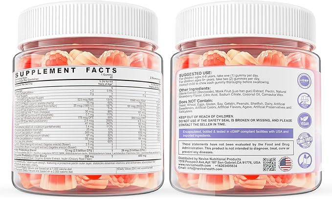 Kids Multivitamin Gummies + Calcium Probiotics Vitamin D3 C Methylated B12 &amp Methylfolate B6 A K2 E Zinc Prebiotics for Children Ages 4+ Clean &amp Sugar Free for Nutritional Support