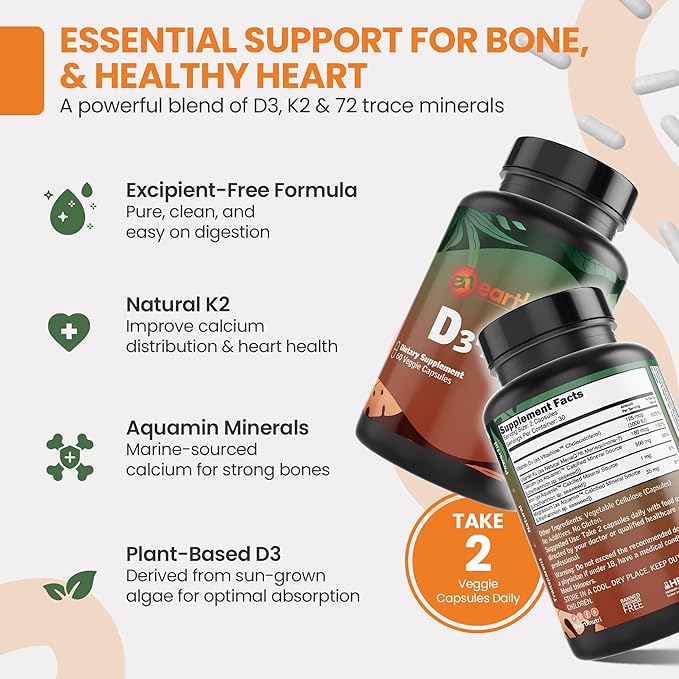 EarthNutri - Vitamin D3 Plus K2 Vitamin Supplement 5000 IU – Includes K2 from MENA Q7 D3 from Vitashine Calcium from Aquamin &amp 72 Trace Minerals – for Immune Bone &amp Heart Health - Non-GMO