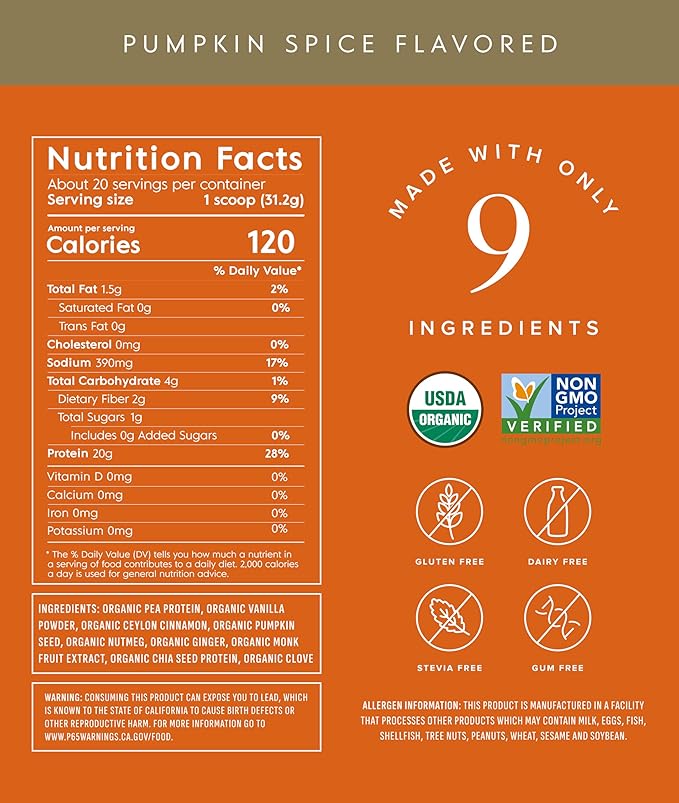 Truvani Vegan Pea Protein Powder | Pumpkin Spice | 20g Organic Plant Based Protein | 20 Servings | Keto | Gluten &amp Dairy Free | Low Carb | No Added Sugar