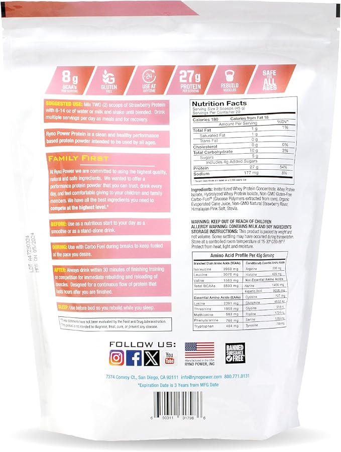Ryno Power All Natural Whey Protein 2lb (20 Servings) 'Strawberry' - 100% Whey Protein Blend &amp No Fillers - Non GMO