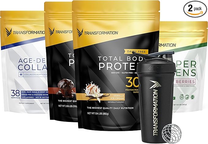Transformation Vanilla &amp Chocolate Protein Powder | Super Greens Superfood Green Juice Powder | Grass-Fed Hydrolyzed Collagen Peptides Powder | Transformation Performance Shaker BlenderBottle