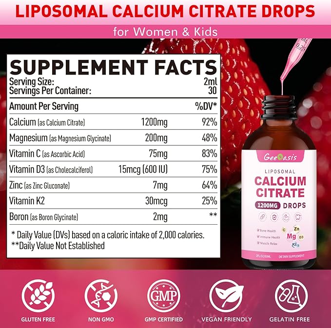 Liposomal Liquid Calcium Citrate &amp L-Theanine with GABA Drops Immune &amp Overall Health Zzz &amp Relaxation Support