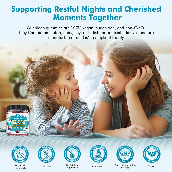 Kids Sleep Gummies with Magnesium Glycinate – Melatonin Free Bedtime Support for Kids – Calm &amp Relaxation with L-Theanine GABA Chamomile &amp Lemon Balm – Sugar Free Mixed Berry Flavor 120 Gum