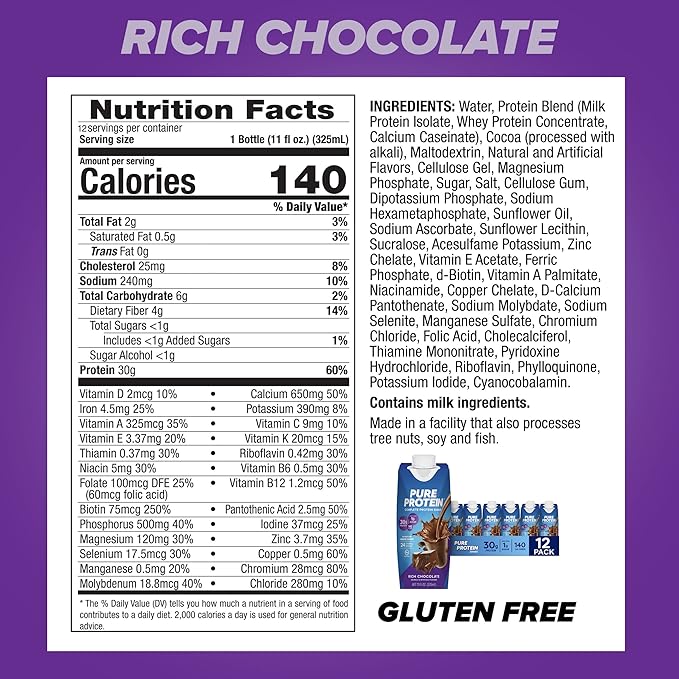Pure Protein Chocolate and Vanilla Protein Shakes 30g Protein 11oz Bottles 12 Pack Bundle