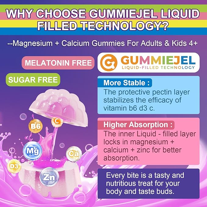 Neviss Magnesium Glycinate + Calcium Filled Gummies for Adults and Kids 4+ Kids Sleep Gummies Melatonin Free No Sugar Magnesium Supplement w/B6 D3 L-Theanine for Zzz Relax BrainBoneMuscle 2Pack