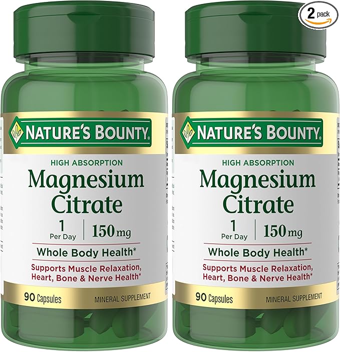 Nature’s Bounty Magnesium Citrate High Absorption Magnesium Supplement for Whole Body Health with 150 mg Magnesium Vegetarian Gluten Free 90 Capsules (Pack of 2)